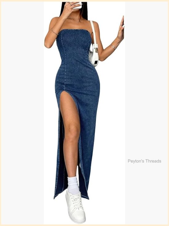 Dresses & Skirts - Strapless Denim Tube Dress Bodycon Maxi High Slit
